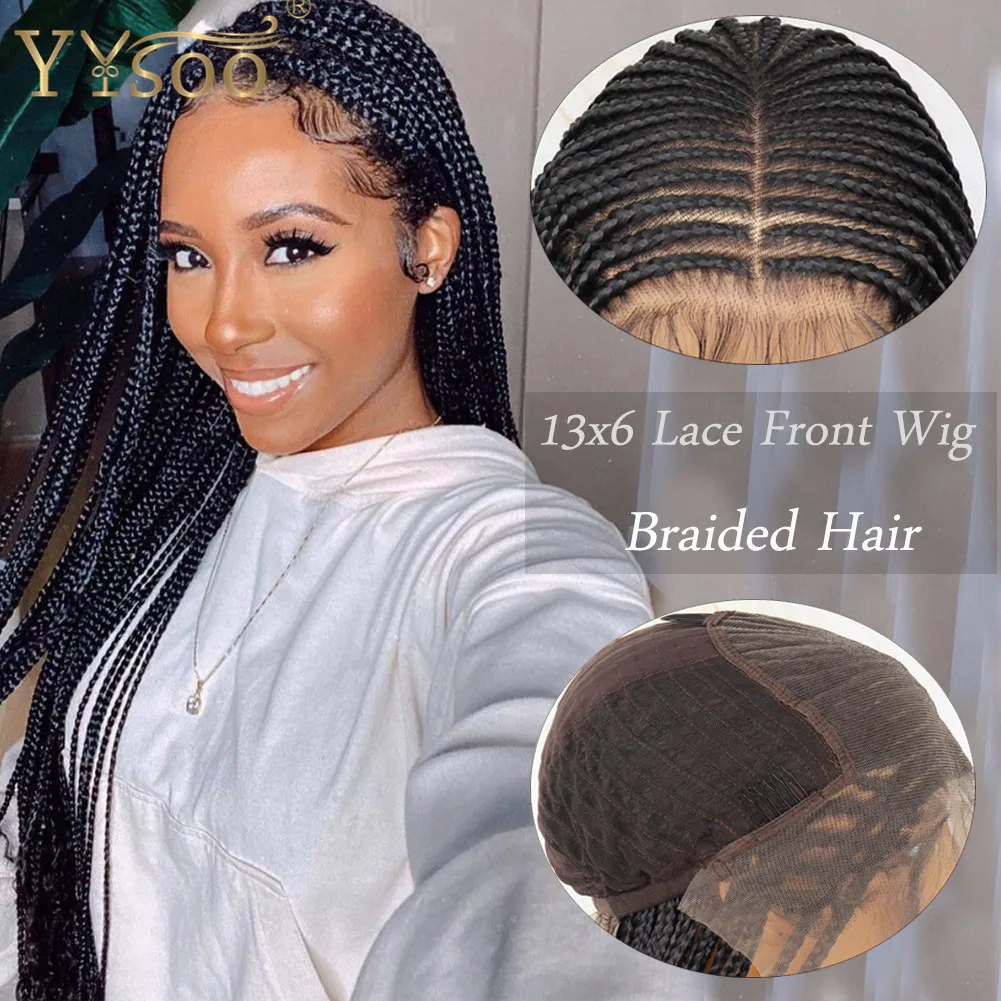 

YYsoo Long Black Color 13x6 Micro Braided Synthetic Lace Front Wigs for Black Women Middle Part Half Hand Tied Box Braided Wig