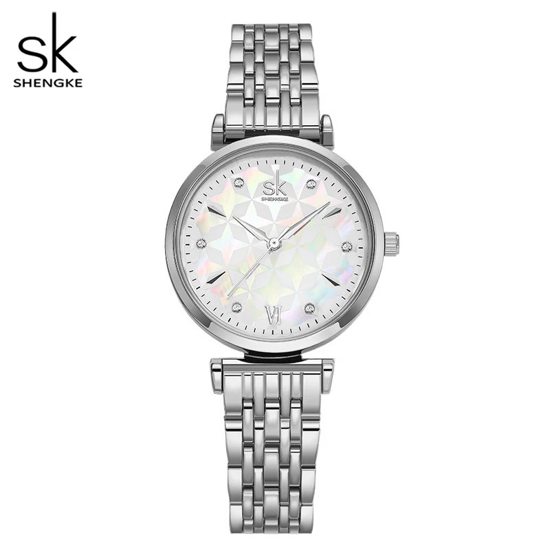 

Shengke Women Quartz Watch Stainless Steel Band Shell Dial Surface Rhinestones Wristwatch Top Luxury Ladies Creative Clock