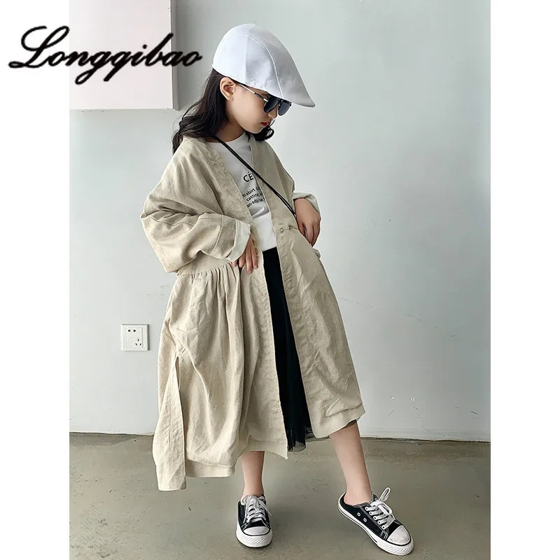 

Girls windbreaker jacket 2019 autumn new Korean version of the ocean is thin waist side slit open cardigan coat long section
