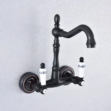 Kitchen Wet Bar Bathroom Vessel Sink Faucet Black Oil Rubbed Brass Wall Mounted Swivel Spout Mixer Tap Dual Ceramic Lever msf748