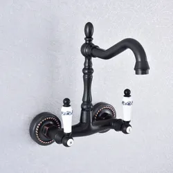 Kitchen Wet Bar Bathroom Vessel Sink Faucet Black Oil Rubbed Brass Wall Mounted Swivel Spout Mixer Tap Dual Ceramic Lever msf748