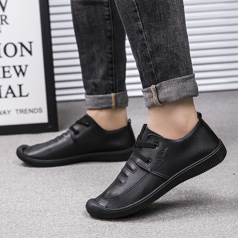 

2019 Autumn Leather Shoes Men's Microfiber Men Business Casual Leather Shoes Breathable Lace-up Shoes Dad round-Toe MEN'S Casual