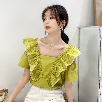 

COIGARSAM Ruffles blouse women New Summer Short Sleeve Chiffon Loose Backless V-Neck blusas womens tops and blouses 739