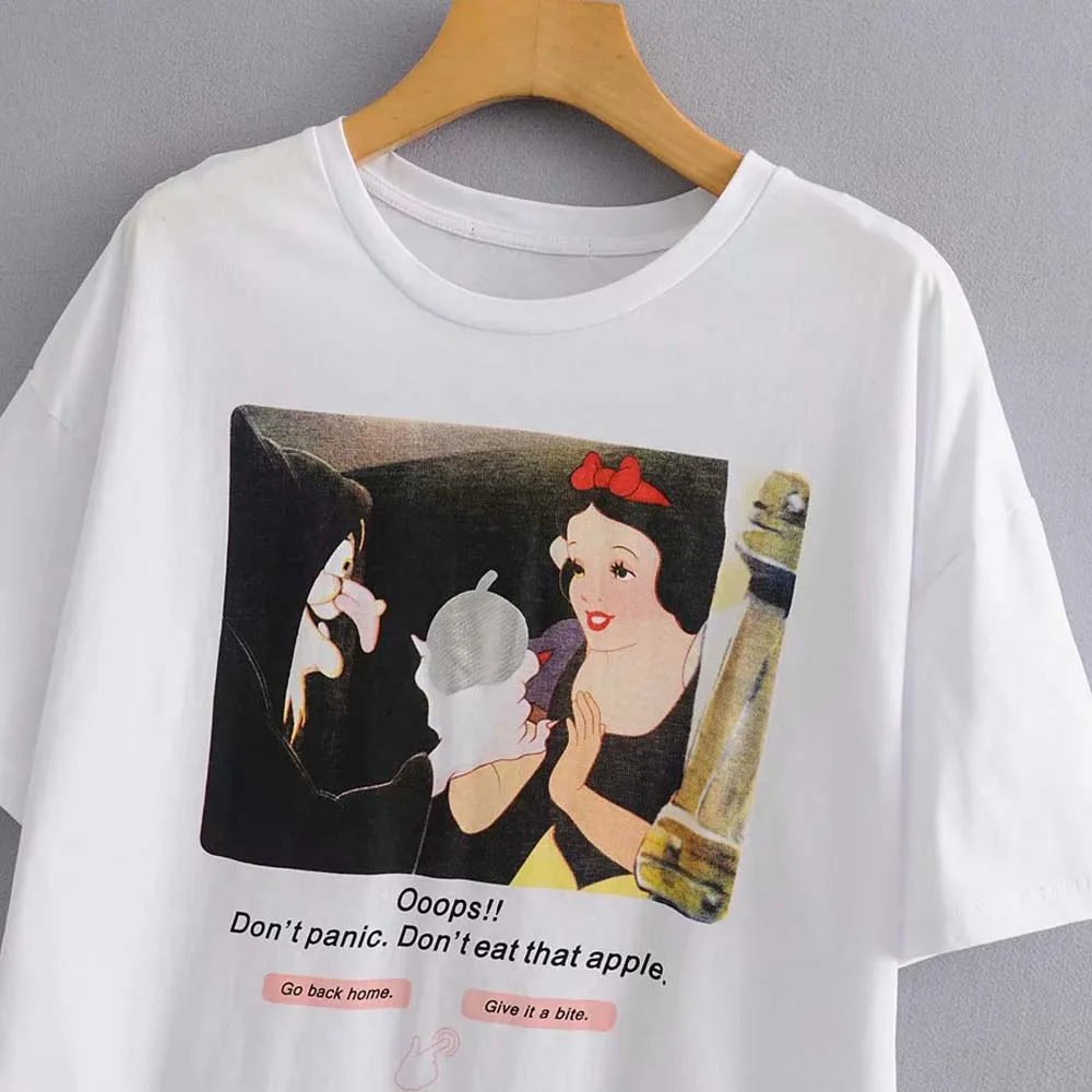 Стильная белая футболка с надписью «Schneewittchen» и изображением ведьмы из мультфильма от disney, пуловер с круглым вырезом и коротким рукавом, Повседневная модная женская футболка