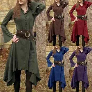 

Plus Size Medieval Women Solid Color Lace Up Long Sleeve Irregular Midi Dress Medieval Knee Length (Nylon, Polyester, Spandex)