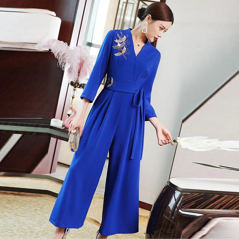 

New style autumn Women jumpsuits Chinese style V-Neck Retro embroidery Crane high waist elegant lady loose Rompers S-2XL
