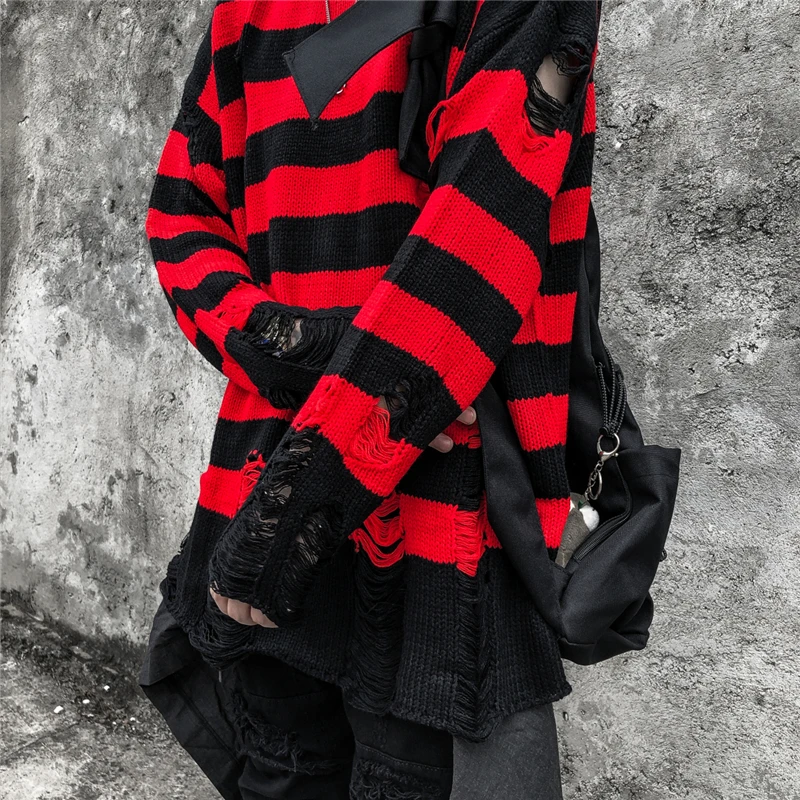 Bebovisi хип-хоп Красный Полосатый Дырокол вязаный мужской свитер Уличная пуловер хипстер Harajuku осенний свободный свитер Swag
