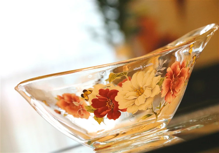 Peony pattern transparent thickened glass deep dish with handle soup bowl salad bowl Heat-resistant