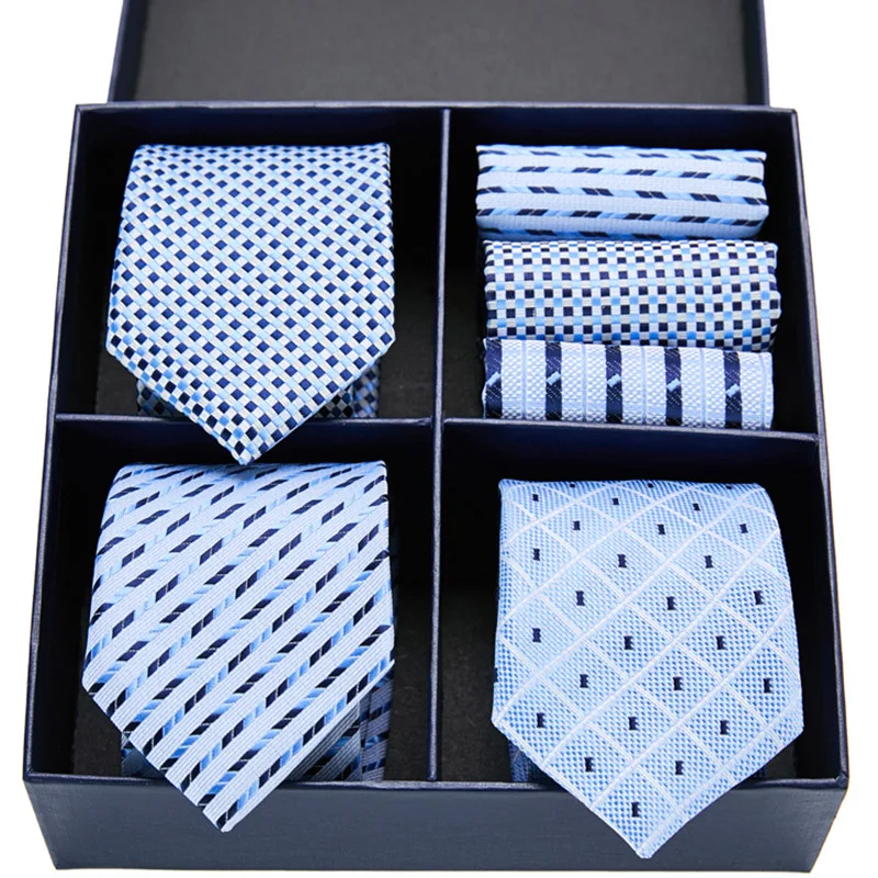 

Gift Box Men 7.5 cm Tie Blue White Striped Silk wedding Tie For Men Necktie Hight Quality Men Handkerchief Tie Set Business