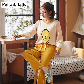 

Spring/Autumn Women's long sleeve cartoon little yellow duck pajamas multi pattern leisure Korean version home clothes set