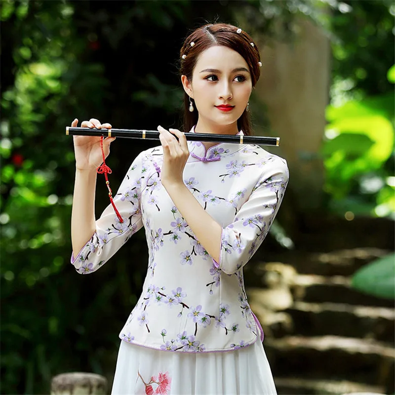 Улучшенный чёнсам Топы женские летние с коротким рукавом традиционная китайская короткая одежда костюм Танга Топы 3XL фиолетовый