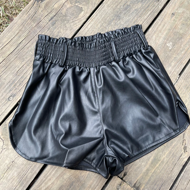 Black Faux Leather Biker Shorts Women Elastic High Waist Wide Leg Shorts Fashion Autumn Casual Ladies Sexy Leather Shorts Femme biker shorts