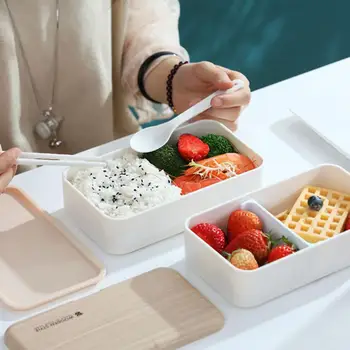 

Double Layer Lunch Box 1200ml Wooden Microwave Bento Food Japanese Student Free Portable Box Container BPA Workers Y9G0