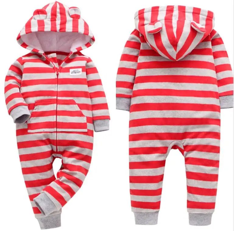 Зимняя одежда bebes, комбинезон для девочек, пижамы для младенцев, флисовый Детский комбинезон с капюшоном, детская одежда с рисунком лисы, теплая одежда для маленьких мальчиков - Цвет: Red stripe