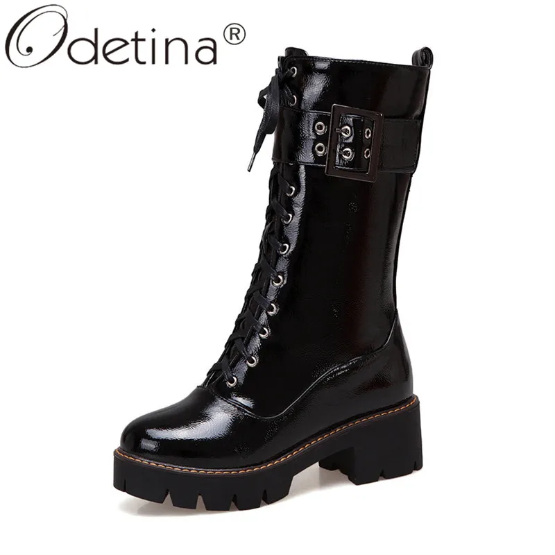 

Odetina Fashion Women Patent Leather Lace Up Motorcycle Mid Calf Boots Buckle Strap Side Zip Up Chunky Heel Platform Combat Boot
