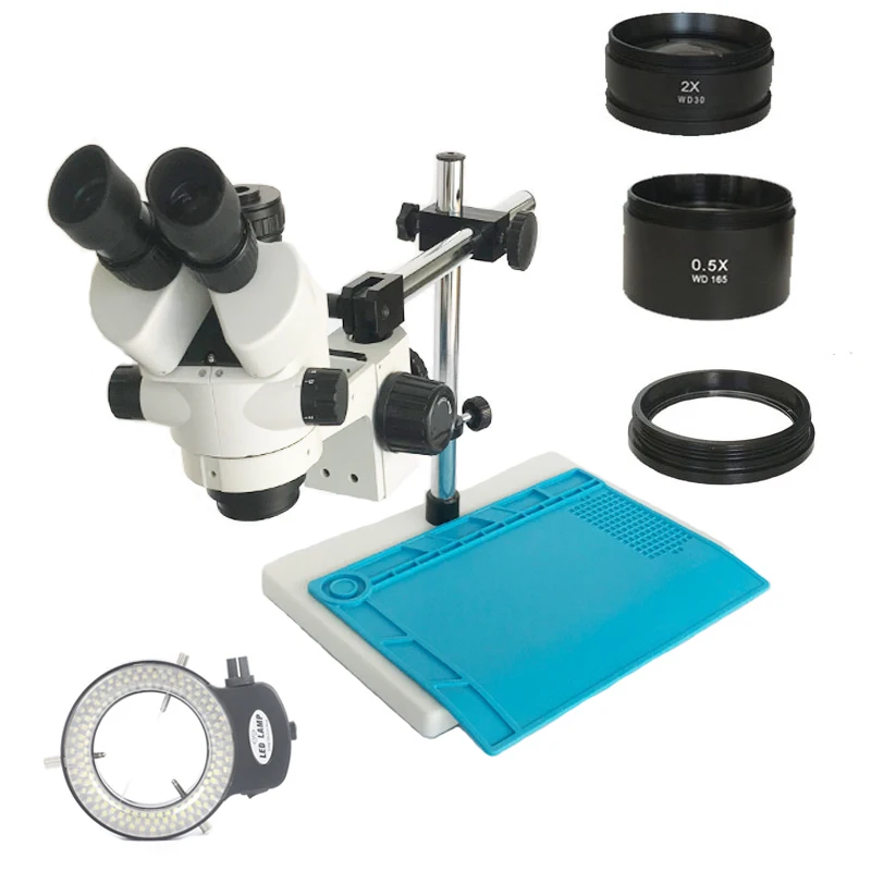 

New Model 3.5X-90X Simul-Focal Trinocular Soldering Stereo Microscope 0.5X adapter arm support phone repair PCB tools mat kit