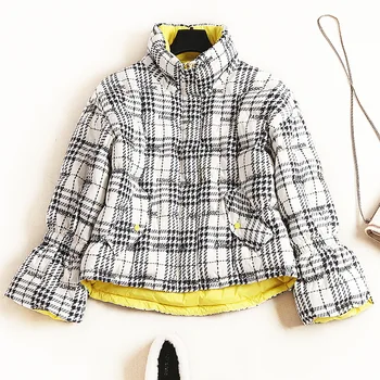 

2019 Winter Women New Thick Warm Down Jacket Female Fashion Plaid Embroidery Short Outerwear Casual Loose Stand Collar Coat