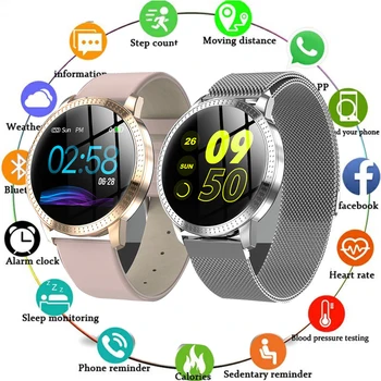 

2019 New Q9 Smart Watch Waterproof IP67 Blood Pressure Heart Rate Monitor Metal Starp Multi Sport Modes SmartWatch Women Band