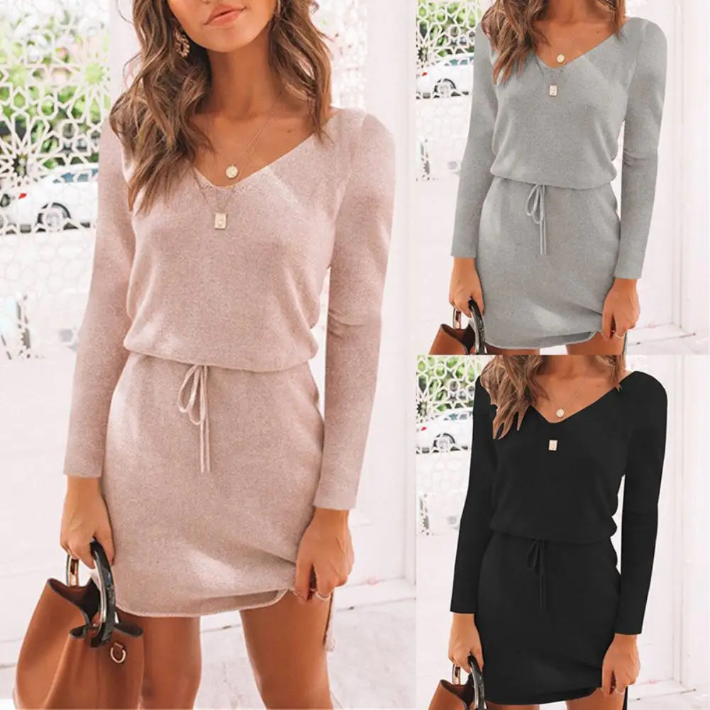HOT SALES!!! Sexy Women Autumn Long Sleeve V Neck Waist Drawstring High-low Hem Mini Dress Sexy Dress Women Casual Dress 3 Color
