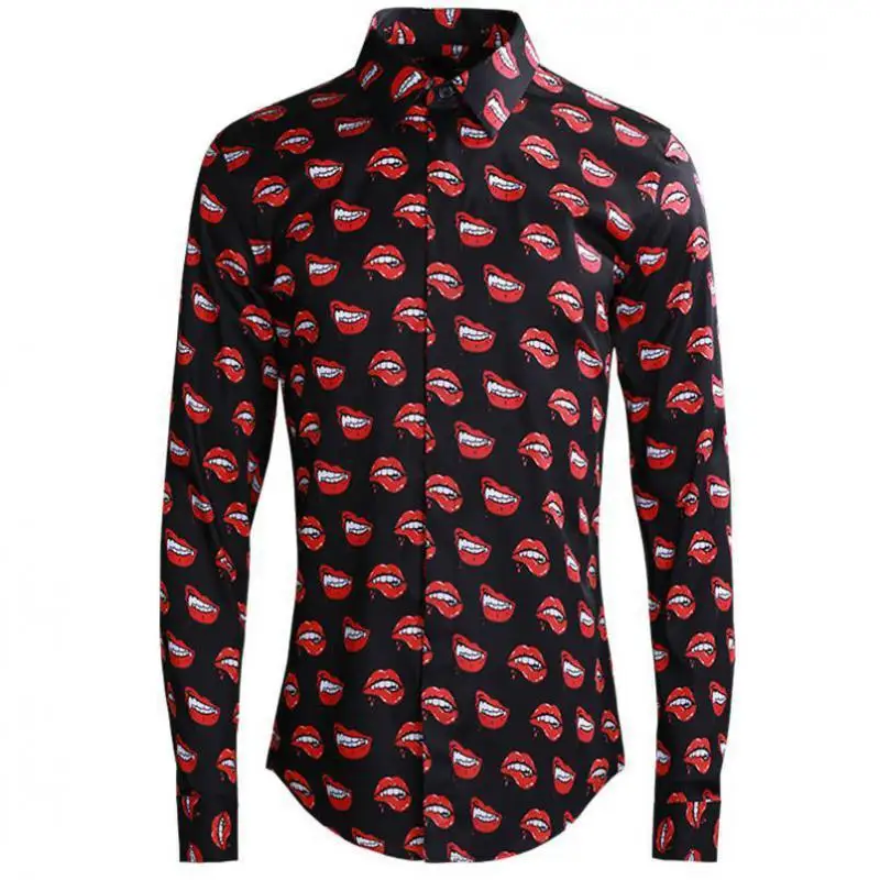 Роскошная мужская рубашка с принтом красных губ, мужские рубашки с длинным рукавом, мужские рубашки с повторяющимся принтом и длинным рукавом, вечерние мужские Рубашки 4XL - Цвет: BLACK