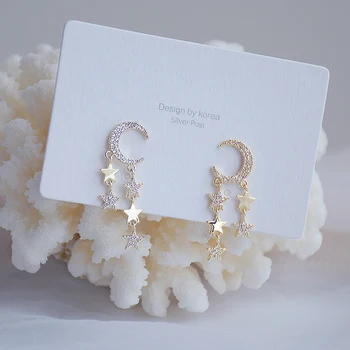 

Korean Luxury Charm Star Moon Tassel Earring 14K Real Gold Pave Inlaid Zircon Stud Earring Anniversary Birthday Gift Jewelry
