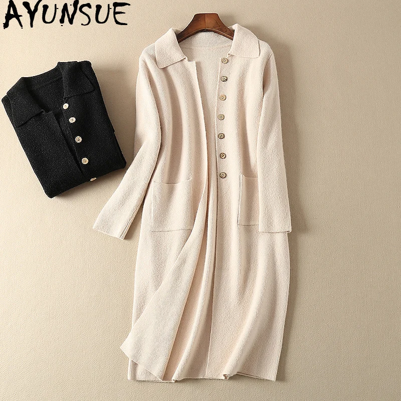 ^Cheap AYUNSUE Women's Cardigan Korean Long Sweater Women Knitted Autumn Winter Cardigans Coat Female Clothes Black Dames Vesten KJ3603