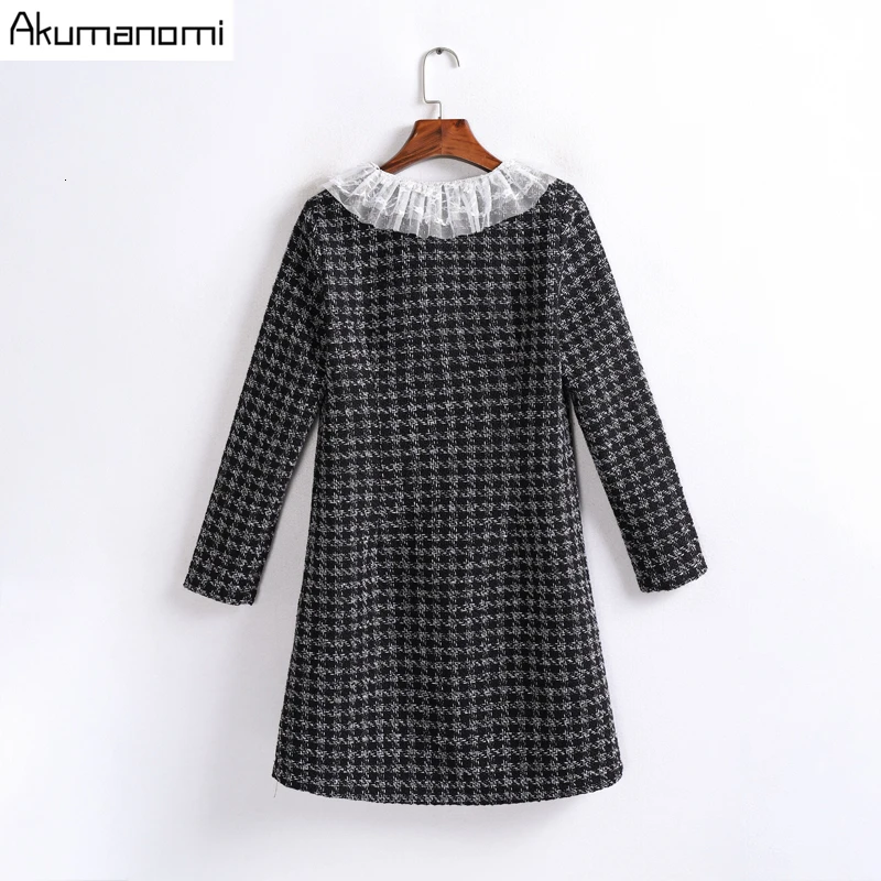 Платье в клетку размера плюс, осень-весна, 5xl-L, твид, длинный рукав, черное, повседневное, элегантное, прямое, женское платье с белым воротником