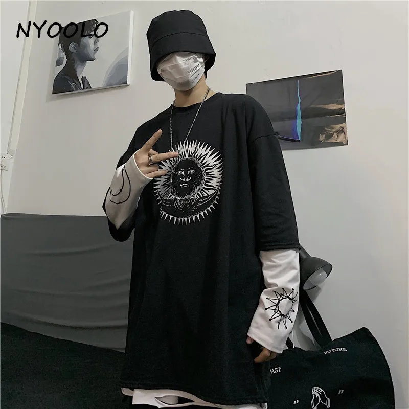 NYOOLO Harajuku уличная Женская толстовка с принтом из двух частей Лоскутная свободная футболка с длинными рукавами и круглым вырезом Женская Мужская одежда топы