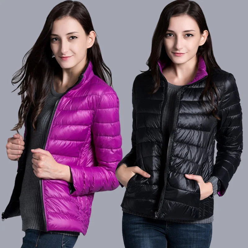 Женское пуховое пальто, легкая куртка-пуховик, новинка года, осенне-зимнее пальто, куртки, двухсторонняя Женская куртка, большие размеры, M-4XL - Цвет: black-purple