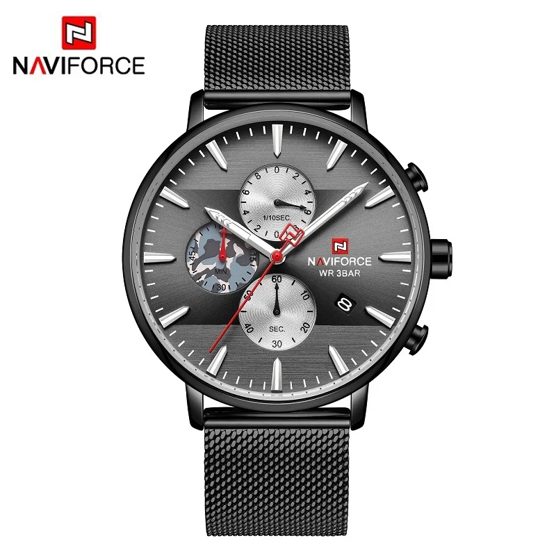 NAVIFORCE Лидирующий бренд Роскошные мужские часы ультра тонкий хронограф дат наручные часы мужские сетчатый ремешок кварцевые часы в стиле кэжуал reloj hombre - Цвет: Black
