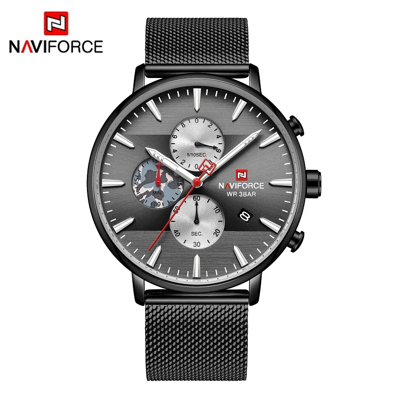 Black NAVIFORCE Лидирующий бренд Роскошные мужские часы ультра тонкий хронограф дат наручные часы мужские сетчатый ремешок кварцевые часы в стиле кэжуал reloj hombre - Цвет: Black