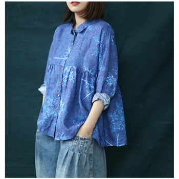 

2020 Spring new long sleeve tops style literary loose casual large size was thin and age reduction printing linen doll shirt