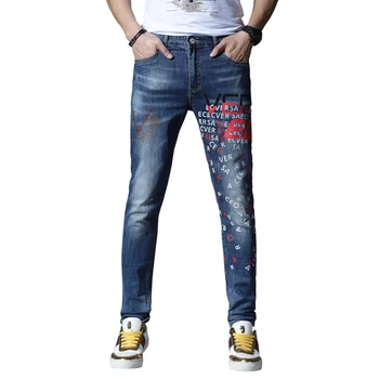 

New skinny jeans men print torn jeans for men elastic stretch pants trousers cotton hip hop streetwear Summer Spring blue