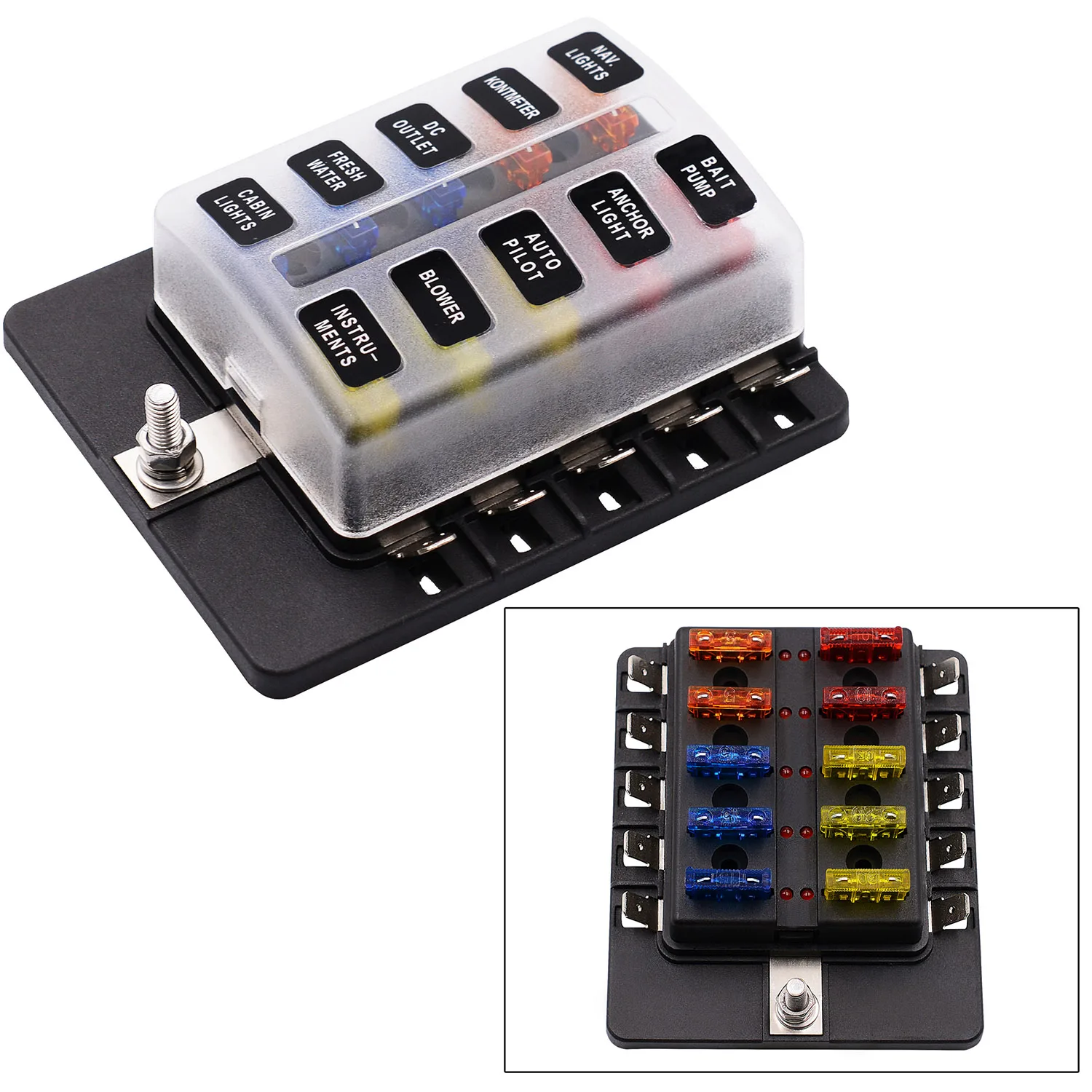 10 Way Waterproof Blade Fuse Box with LED Indicator Lights for Car Auto Marine 