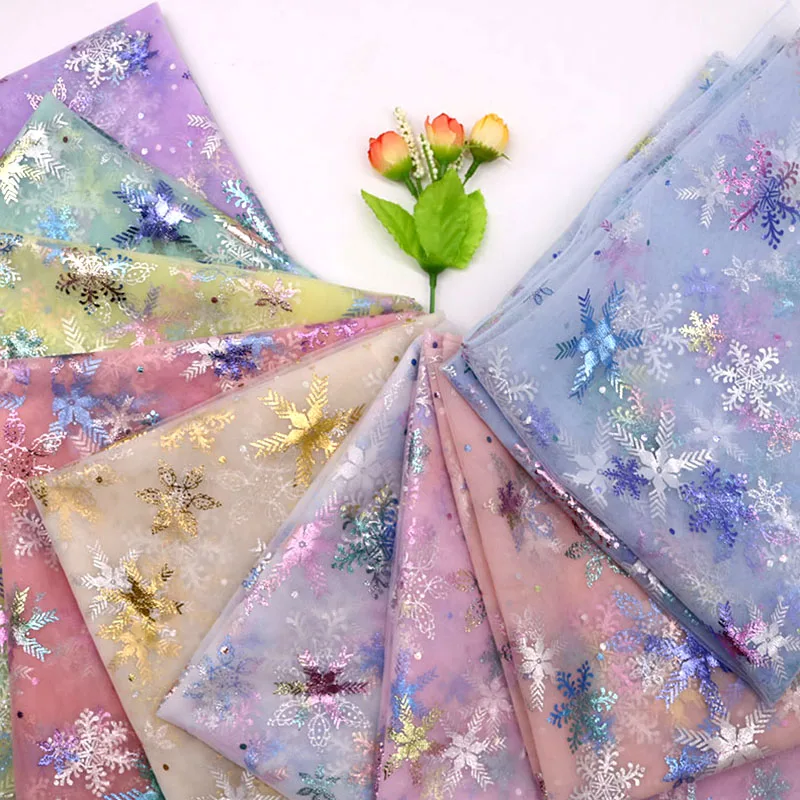 150cmx100cm Colorful Snowflake Soft Tulle Fabric Princess Dress Glitter Fabric New Year Organza Printed Bronzing Fabric
