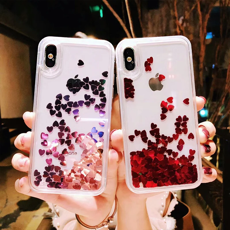 

Pink Love Heart Glitter Phone Case For iPhone XS Max X XR Liquid Quicksand Case for iPhone 6S 6 7 8 Plus Cover Bling Sequins