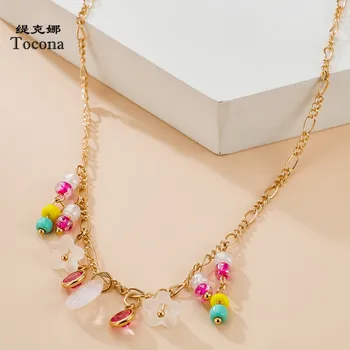 

Tocona Bohemian Gold Color Colorful Bead Pendant Necklace Pretty Flowers Shiny Crystal Stone Choker Necklace for Women 14683