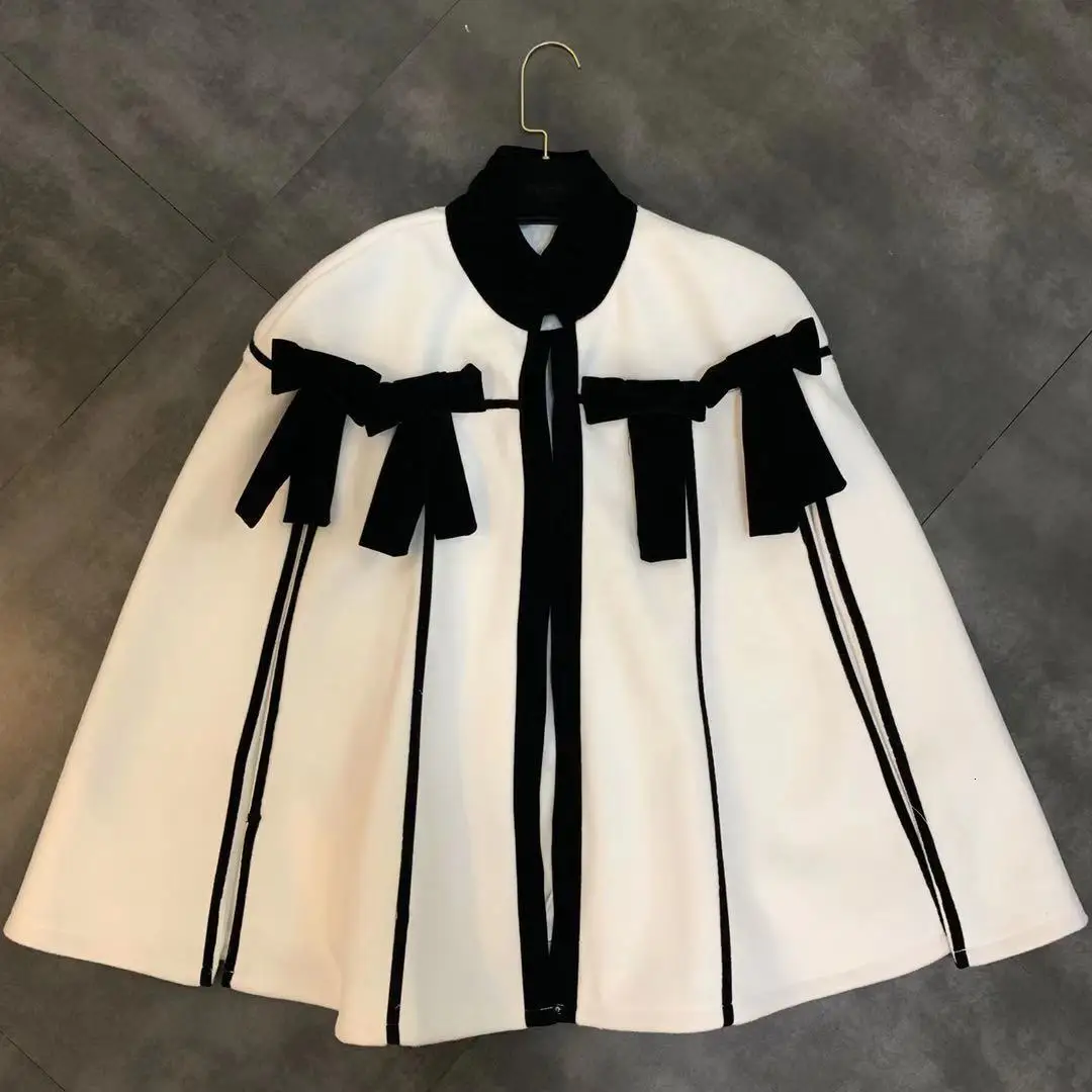 

2019 autumn new stand collar color matching bow decoration woolen coat female