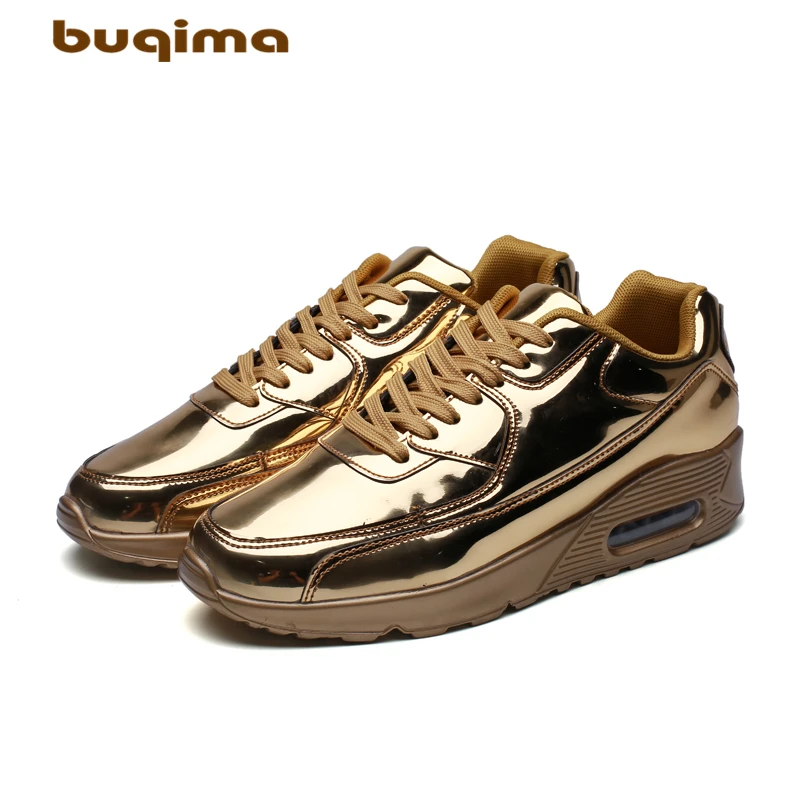 

Buqima shiny golden sneakers PU leather glossy golden silver hip hop men's shoes luxury nightclub leisure shoes air cushionShoes