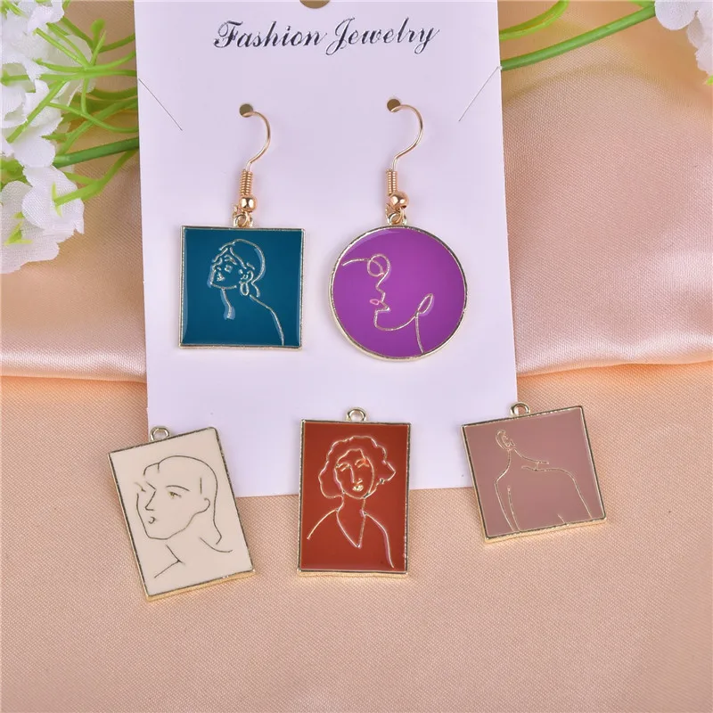 

10pcs Ins style lady Abstract art painting Enamel Metal Charms Earring Bracelet DIY Jewelry Making