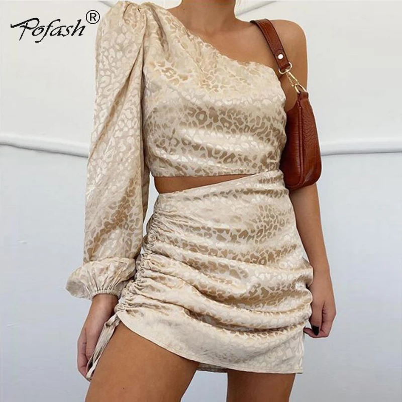 

Pofash Summer One Shoulder Two Piece Set Leopard Crop Top And Mini Skirt 2 Piece Set Women Drawstring Sexy Party Club Outfit
