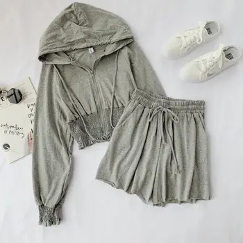 

running suits women 2019 autumn new hoodied solid yellow outwear coat and shorts female fashion outwear suits top quality