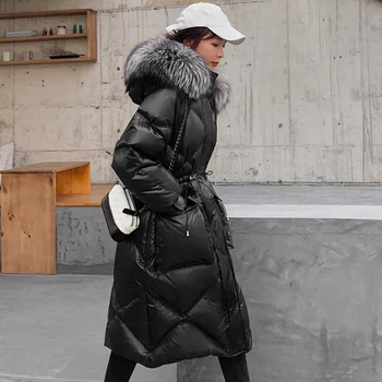 

Janveny Large Natural Fox Fur Warm Hooded Winter Down Jacket Women Long Female Parka 90% White Duck Down Coats Feather Clothing