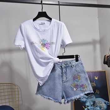 

Korean Fashion Summer New Women Sequins Flowers T shirt Short Jeans 2pc Loose O-Neck White Tee shirt Denim Shorts Outfits Female