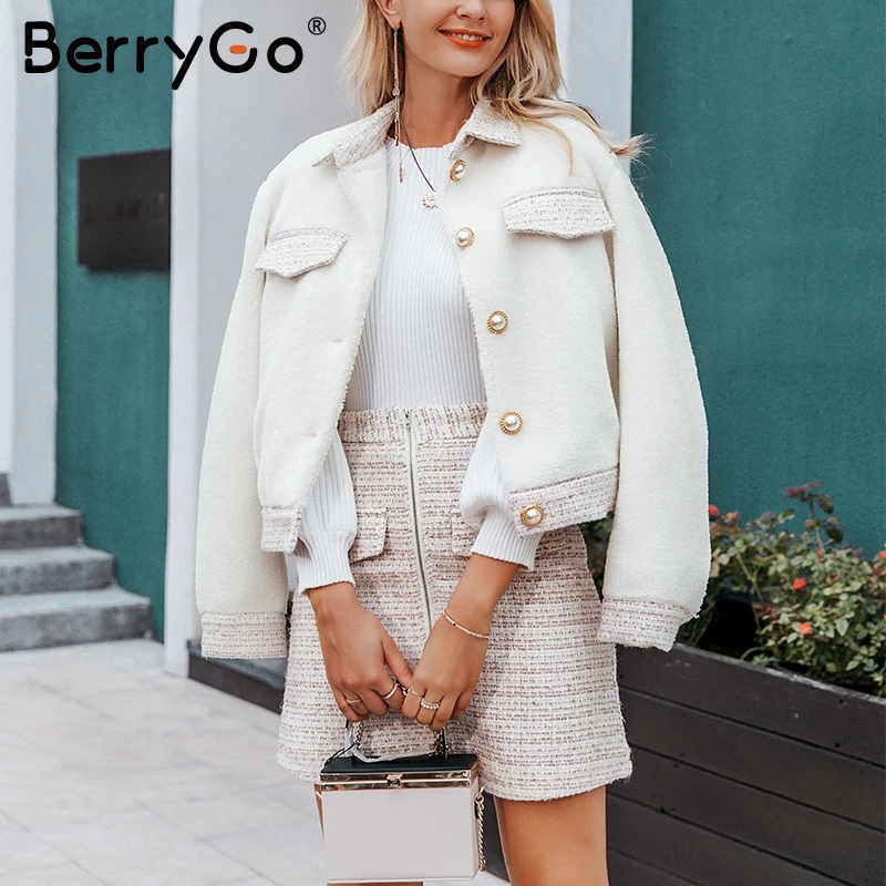 BerryGo Elegant office tweed warm faux fur Two-piece suits women Casual ladies Autumn winter fashion coat skirt two-pieces sets