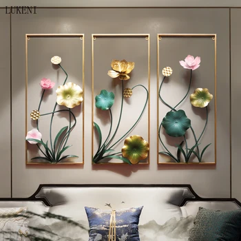

New Chinese Luxury Wrought Iron 3D Lotus Flower Wall Mural Pendant Livingroom Wall Hanging Decor Restaurant Wall Sticker