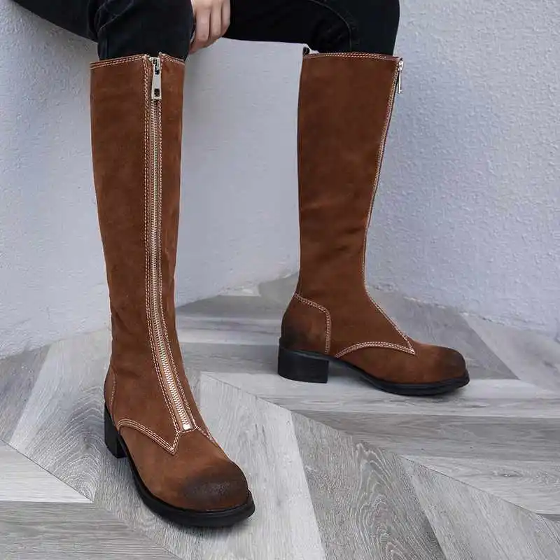 brown cow suede Krazing pot/мотоботы из натуральной замши с круглым носком на толстом каблуке средней высоты; Уличная обувь до колена; l9x - Цвет: brown cow suede