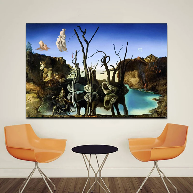

Swans Reflecting Elephants By Salvadoer Dalies Art Canvas Poster Painting Oil Wall Picture Print Modern Home Bedroom Decoration