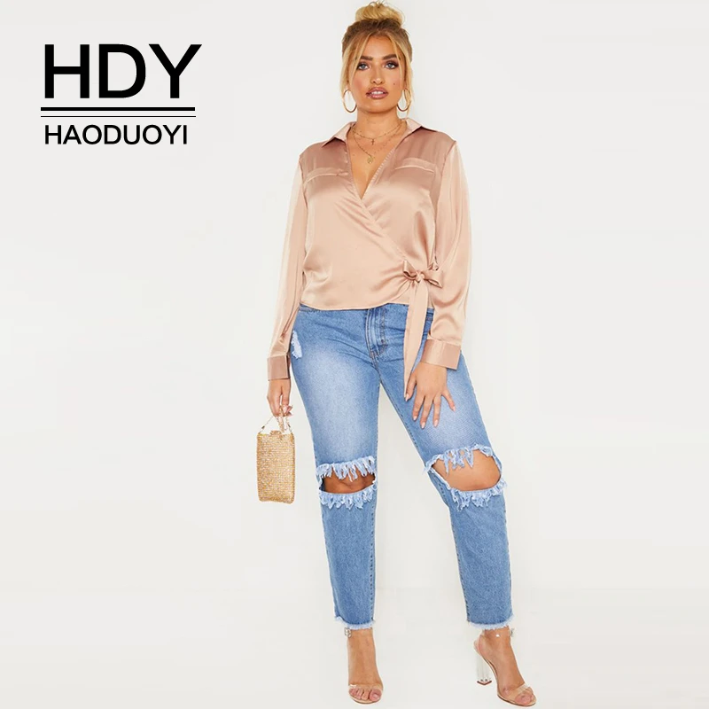 

HDY Haoduoyi New Arrival Summer Fashion Ladies Plus Size Fashion Sexy Personality Lace-up Deep V-neck Long-sleeved Women's Shirt