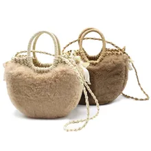 Новое поступление Для женщин \ зима тканая сумка Плюшевые соломы маленькие сумки из натуральной кожи с плюшевой подкладкой куртка мини-корзина StrawBag